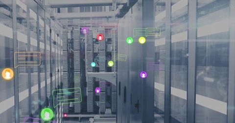 Data center aisle with holographic user icons floating over server racks and LED lighting