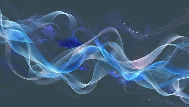 Flowing translucent ribbons looping across slate-green backdrop with blue cyan violet glow