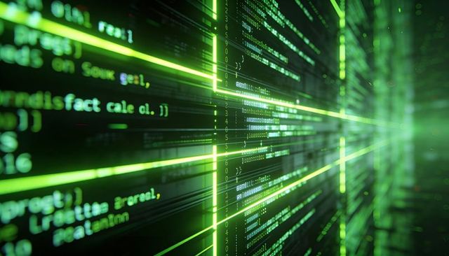 Glowing green code corridor streaming through futuristic digital data grid neon grid lines