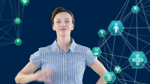 Confident Businesswoman Engaging with Virtual Network Icons