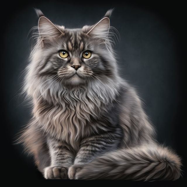 Close up of grey maine coon cat on black background created using generative ai technology. Animals and nature concept digitally generated image.