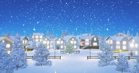 Snowy Winter Night in Lit Festive Village - Download Free Stock Images Pikwizard.com