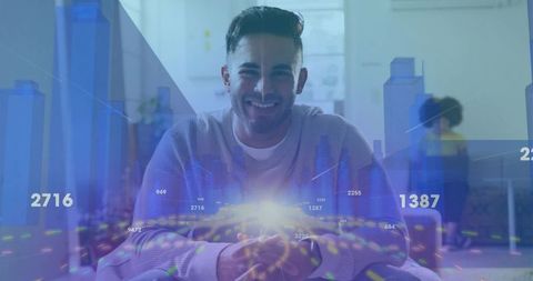 Smiling Businessman Engaging with Holographic Data in Office