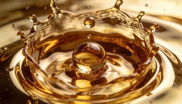 Golden droplet forming crown splash with reflective ripples and amber highlights