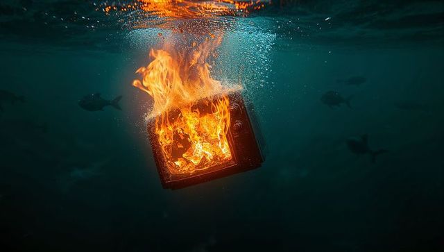 Burning crt tv sinking underwater with fish silhouettes