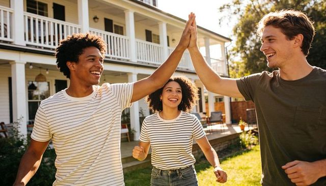 Young adults high-fiving and laughing on front lawn of two-story suburban house with porch balcony