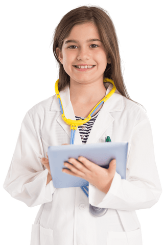 Young girl pretending as doctor with stethoscope on transparent white background