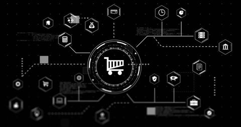 Displaying digital ecommerce hud with central shopping cart and connected data nodes grid