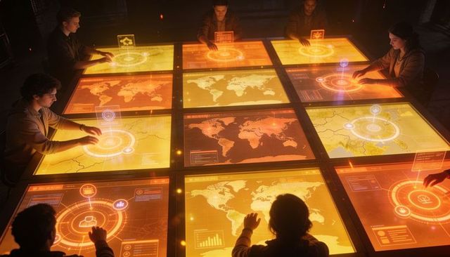 Team of analysts collaborating on 3x3 touchscreen command grid with holographic data maps