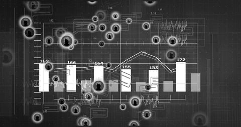 Monochrome analytics display showing bar chart with overlaying line graph and user network