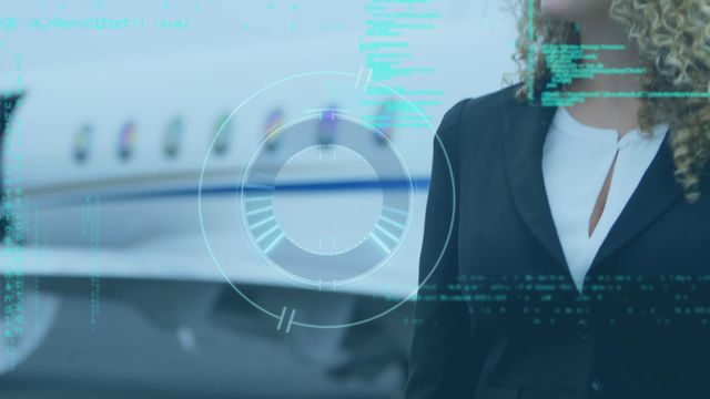 This image portrays a modern businesswoman standing near a private jet, overlaid with digital data animation and targeting graphics. The visuals suggest concepts of high-tech business operations, globalization, and executive travel. Ideal for use in business presentations, technology marketing materials, and articles on global business travel.