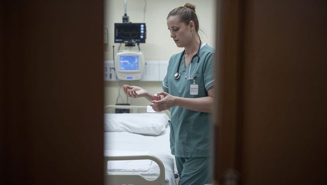 Nurse dispensing medication at hospital bedside through doorway with vital monitor