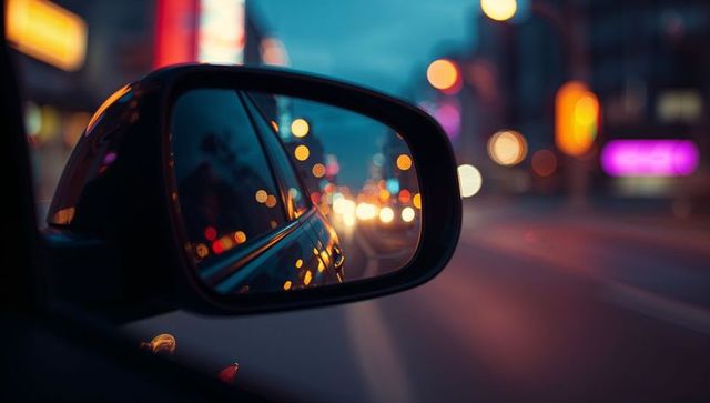 Side mirror reflection on neon-lit urban street at dusk