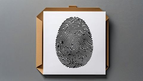 Black fingerprint display on white panel with brown envelope, criminal record identification concept