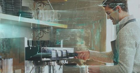 Barista preparing coffee with espresso machine for customers