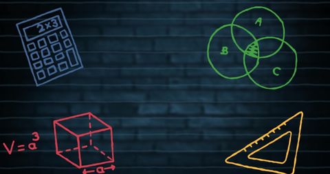 Math Concepts Illustrations Over Blue Brick Wall