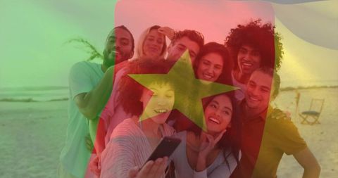 Diverse Friends Taking Selfie on Relaxing Beach Getaway
