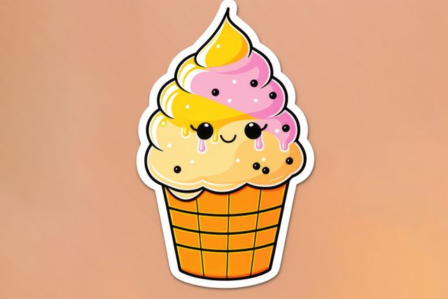 Composition of colorful kawaii cartoon ice-cream sticker on beige background. Stickers and pattern concept digitally generated image.