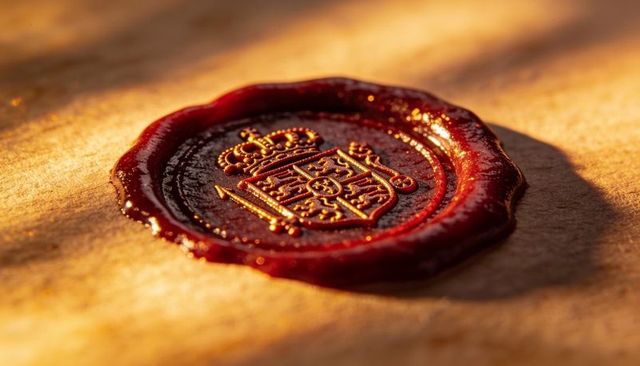 Royal wax seal with embossed heraldic shield and crown glowing on kraft paper