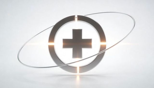 Metallic medical cross emblem with orbiting ring and warm glow for tech branding and healthcare