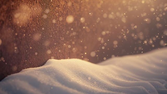 Backlit snow crystals catching warm golden light, sparkling powder and frost texture