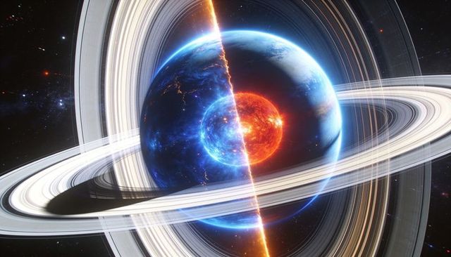 Bisected ringed planet revealing fiery red core and icy blue interior with luminous seam
