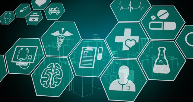 Icons related to medical technology and healthcare appear on a futuristic digital interface. Represents health and medical advancements, suitable for medical technology presentations, healthcare apps, telemedicine services, and health tech promotional material.