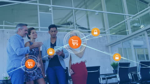 Diverse Business Team Analyzing Digital Connectivity Icons