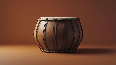 Cylindrical hand drum on table with leather head and tension ropes
