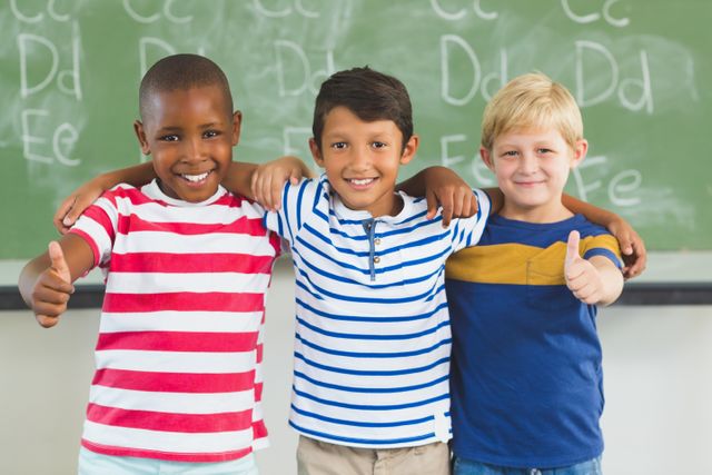 Three diverse boys standing in front of a chalkboard, smiling and showing thumbs up. Ideal for educational materials, school promotions, diversity and inclusion campaigns, and childhood development content.