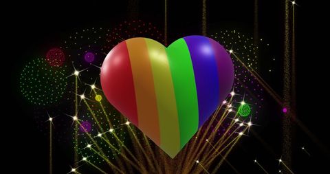 Colorful Rainbow Heart with Fireworks Celebration