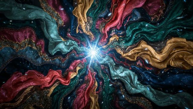 Radiating starburst streaming silk ribbons with gold trim and glittering cosmic flow