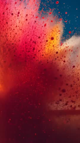 Vertical Color Explosion: Red Pigment Cloud Bursting into Pink Specks Against Blue Sky