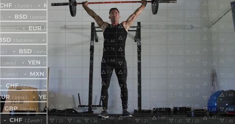 Male Athlete Lifting Overhead Barbell in Gym Rack with Financial Data and Grid Overlay