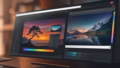 Widescreen monitor displaying stunning digital art at home workspace
