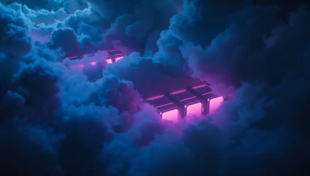 Neon Platforms Cast Pink Glow Amid Mystic Blue Clouds