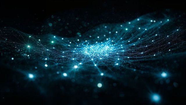 Futuristic Blue Mesh Network with Glowing Nodes and Light Particles