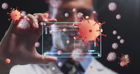 Doctor Analyzing Virtual Data Amidst Orange Virus Cells