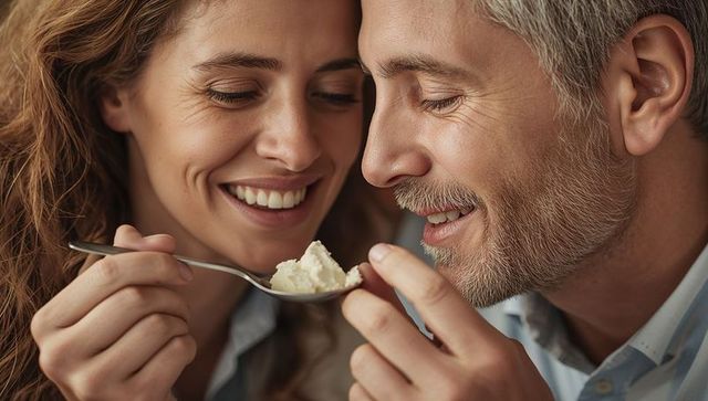 Couple sharing spoonful of creamy dessert, romantic closeup, intimate moment