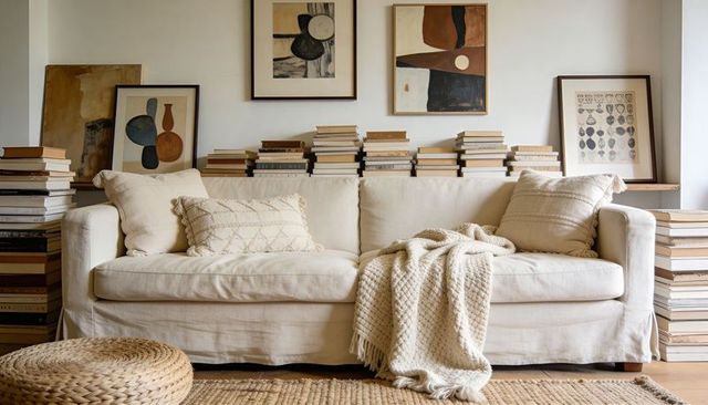 Cream sofa with textured pillows, chunky knit throw and stacked books in cozy neutral room