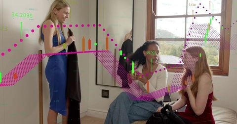 Three friends trying on dresses viewing digital data overlay in cozy bedroom