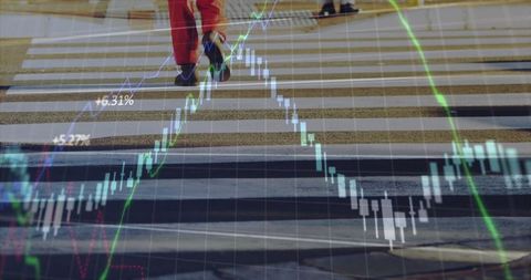 Financial chart overlay on urban crosswalk depicts global market trends