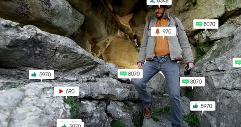 Hiker exploring cave with social media notifications overlays, outdoor adventure concept