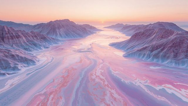 Pastel braided river valley sunrise with meandering channels, ethereal mountain ridges