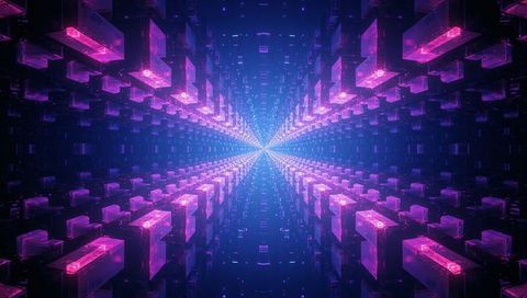 Neon data tunnel with converging translucent blocks and cyan vanishing point