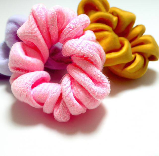 Image of close up of three pink, purple and yellow coloured scrunchies on white background. Hair and beauty, decoration concept.