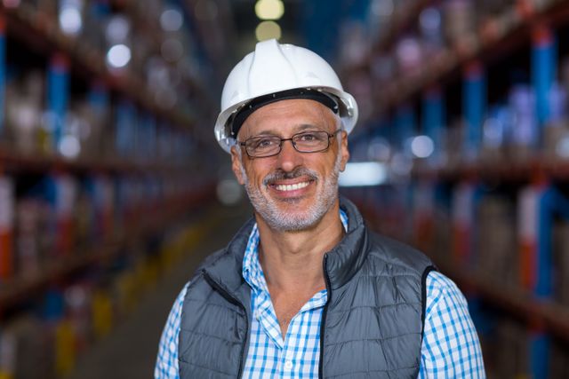 Portrait of happy worker is posing with hard hat in a warehouse