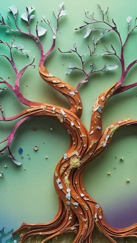 Vertical video showcasing layered wooden tree sculpture on gradient panel, close-up texture