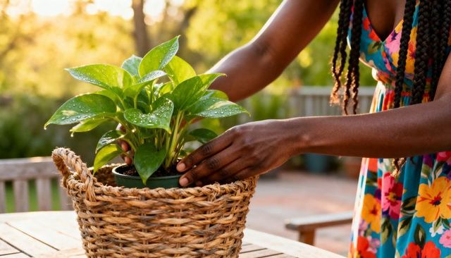 Woman arranging potted plant in woven basket on sunlit backyard patio during golden hour
