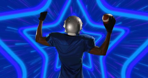 Football Player Celebrating Victory with Futuristic Digital Background